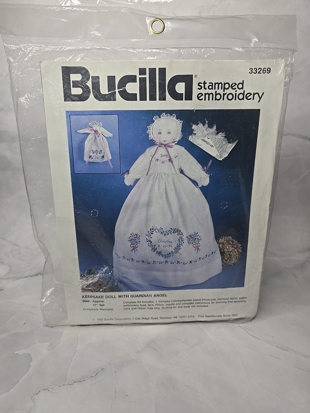1992 Bucilla Stamped Embroidery Keepsake Doll with Guardian Angel Kit 17"